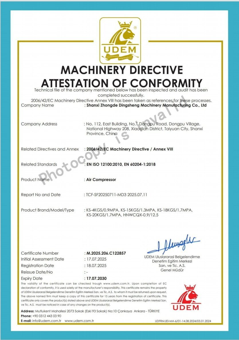 Air Compressor CE Certificate - Zhongde Dingli Hydraulic Rock Breaking Equipment