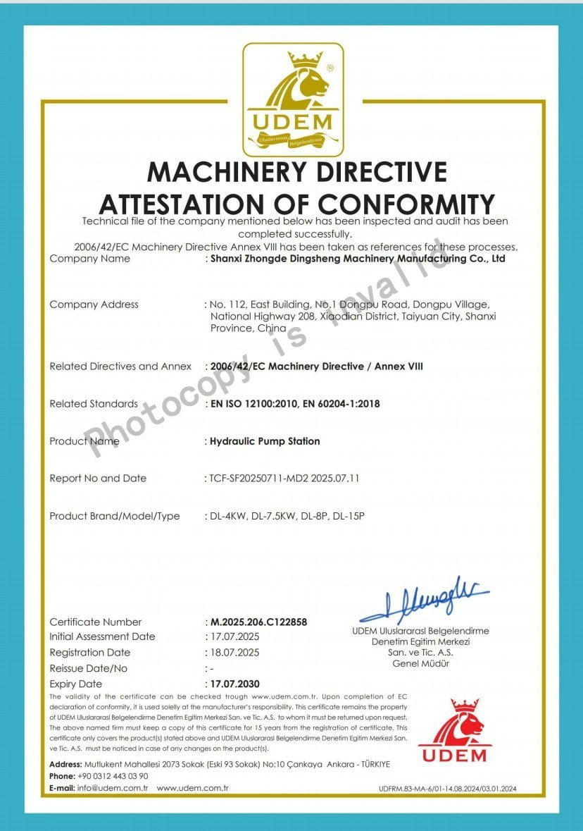 Hydraulic Pump Station CE Certificate - Zhongde Dingli Mining Equipment