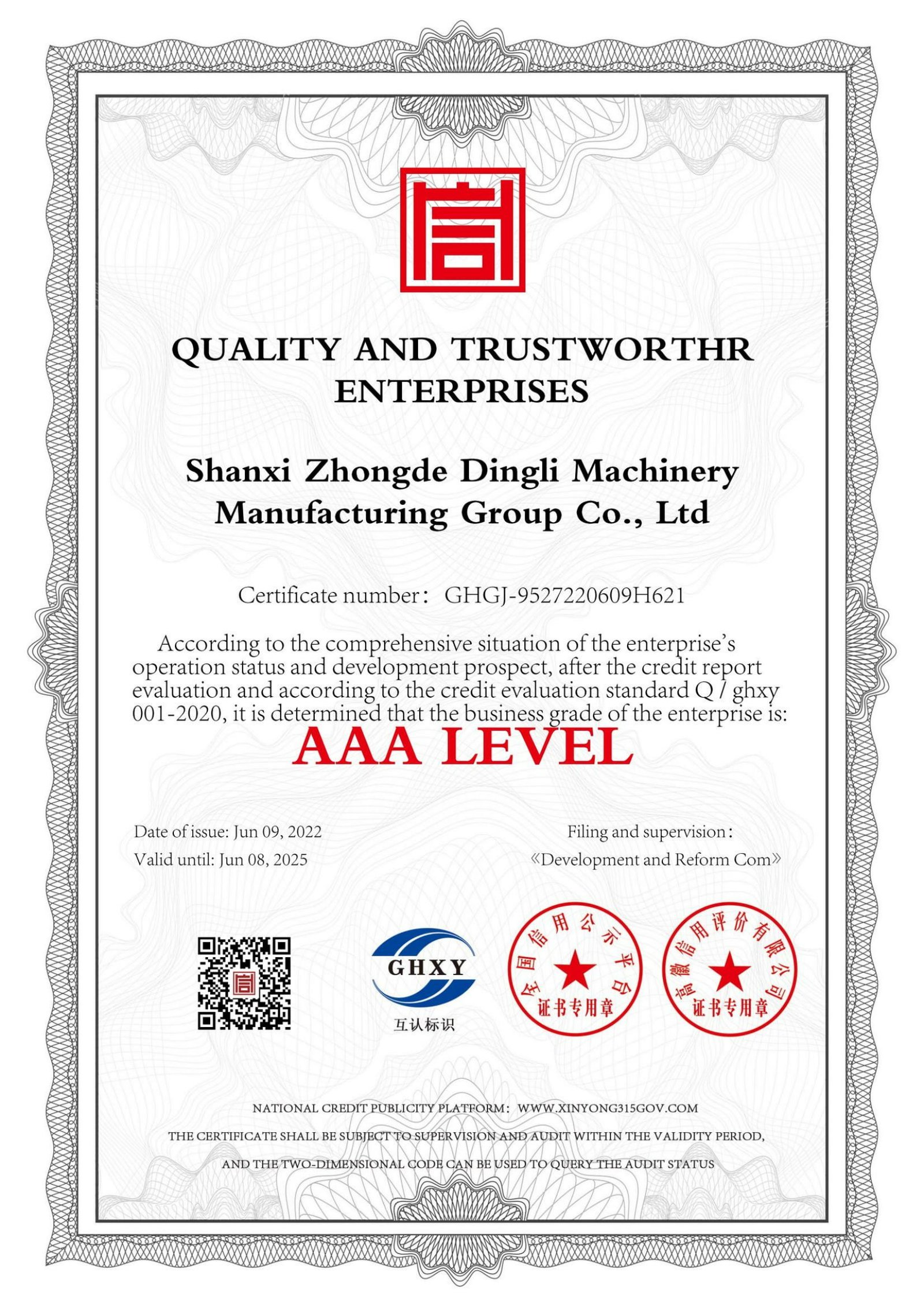 Quality and Credit Unit Certificate for ISO 9001 Rock Splitter Production